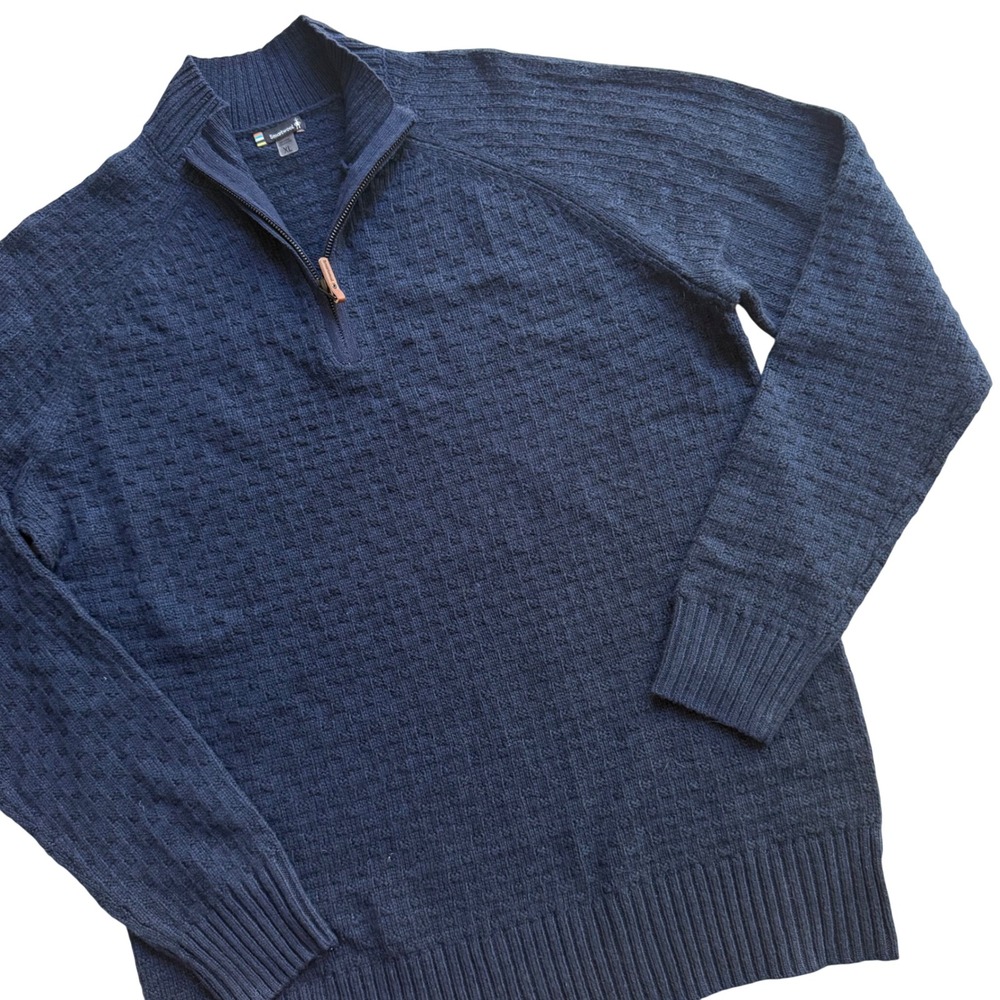 Smartwool Quarter Zip Sweater Mens XL Navy Blue Textured Waffle Knit Wool Blend